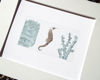 Sea Life Art Print: Coral, Sea Horse, Soft Blue Coastal Decor
