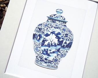 Blue & White Chinoiserie Porcelain Ginger Jar Country Scene 2 Archival Print on Watercolor Paper