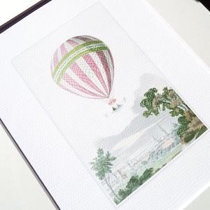 Pink Stripe Hot Air Balloon Over City & Trees Antique Archival Print on Watercolor Paper