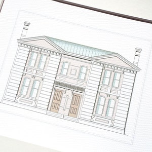 Architectural Print 12 of Pastel English Manor House Drawing on Archival Watercolor Paper