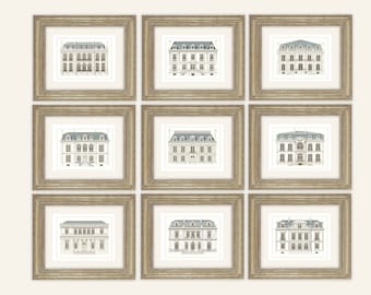 Set of 9 French Architectural House Designs on Archival Watercolor Paper