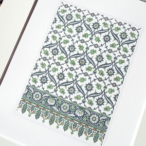 May include: A white background with a framed print of a traditional Turkish design. The design features a repeating pattern of green leaves, blue flowers, and white stars on a white background. The border of the print is a repeating pattern of green leaves, blue flowers, and red accents.