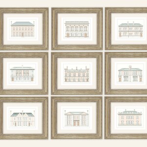 Set of 9 Architectural Prints of Pastel English Manor House Drawings on Archival Watercolor Paper
