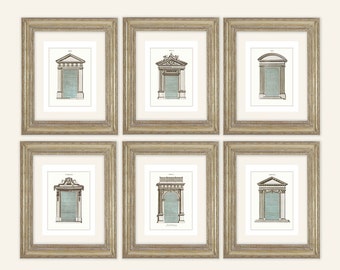 6 Set of Classical Architecture Doorways with Pale Blue Accent Antique Illustration Archival Prints