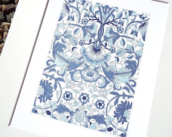 William Morris Navy Blue Botanical Pattern 5 Archival Quality Print on Watercolor Paper