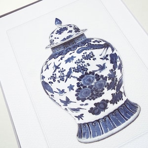 Blue & White Chinoiserie Porcelain Ginger Jar with Birds and Flowers Archival Print on Watercolor Paper