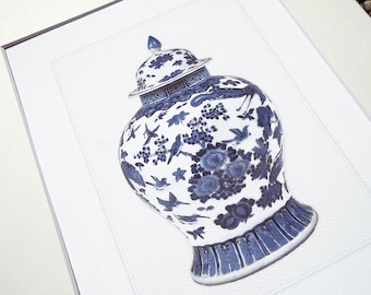Blue Chinoiserie Ginger Jar Art Print: Birds & Flowers Watercolor Paper