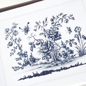 Motivo ornamentale floreale cinese blu navy e bianco, 3 illustrazioni antiche, stampa d&#39;archivio