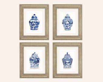 Impressions bleues et blanches sur des pots de gingembre : oeuvres d'art de jardin champêtre, lot de 4