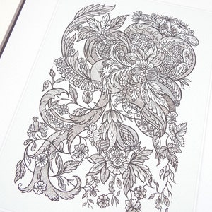 May include: Detailed black and white floral illustration featuring intricate patterns of leaves, flowers, and swirling ribbons. The artwork is framed and presented on a white background, showcasing the delicate linework and design.