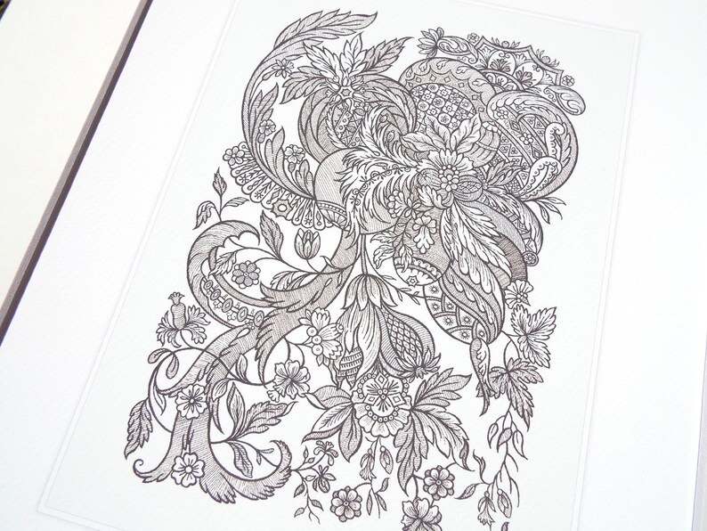 May include: Detailed black and white floral illustration featuring intricate patterns of leaves, flowers, and swirling ribbons. The artwork is framed and presented on a white background, showcasing the delicate linework and design.