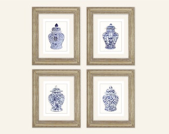 Impressions bleues et blanches sur des pots de gingembre : aquarelle florale, lot de 4