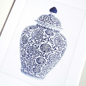 Blue & White Chinoiserie Porcelain Ginger Jar 3 Archival Print on Watercolor Paper