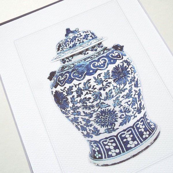 Blue & White Chinoiserie Porcelain Ginger Jar with Chrysanthemum Pattern Archival Print on Watercolor Paper