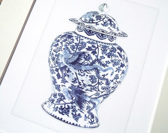 Blue & White Chinoiserie Porcelain Ginger Jar 4 Archival Print on Watercolor Paper