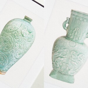 6 Set of Chinoiserie Celadon Green Porcelain Vase Illustrations Archival Prints image 2