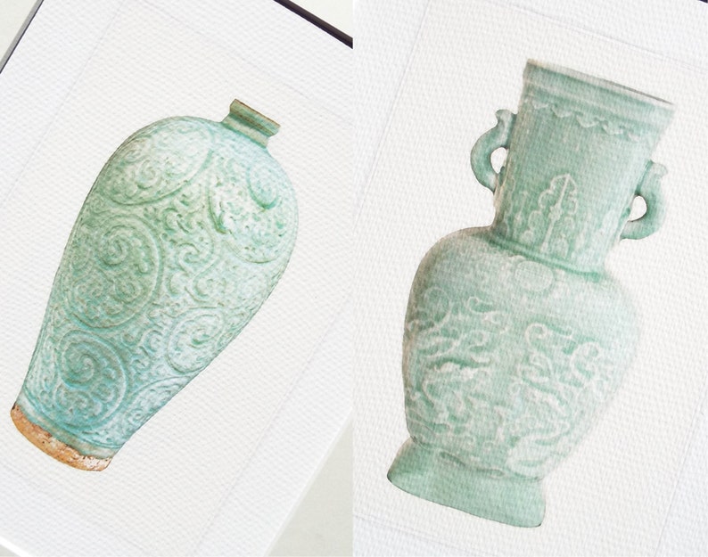 6 Set of Chinoiserie Celadon Green Porcelain Vase Illustrations Archival Prints image 2