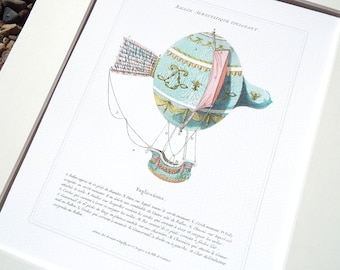 Antique French Hot Air Balloon 1 Archival Print on Watercolor Paper