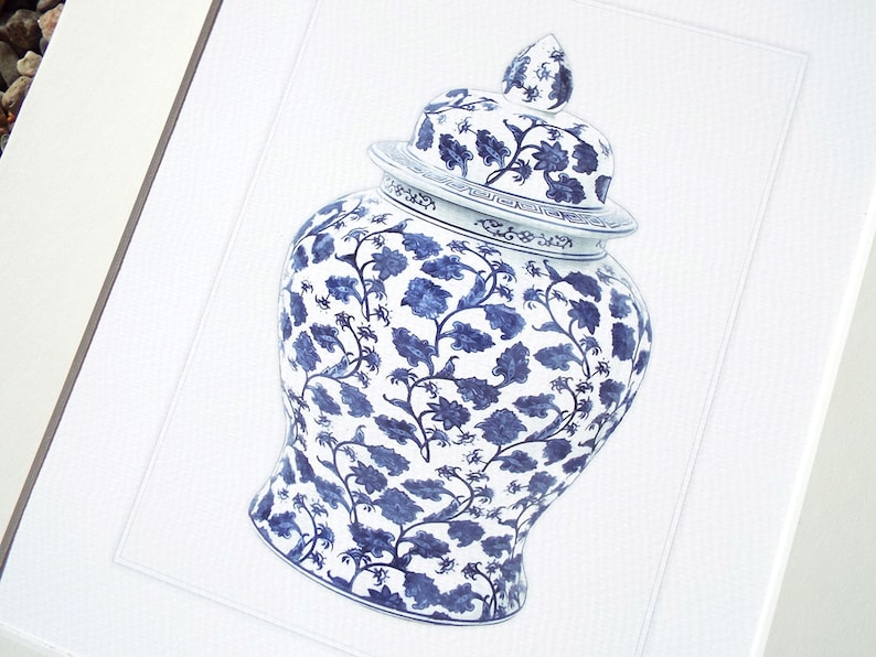 Set of 4 Blue & White Ginger Jar with Florals and Vines ...