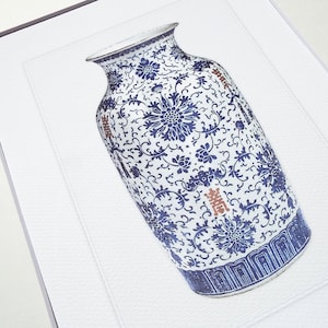 Blue & White Chinoiserie Porcelain Vase with Chrysanthemum Pattern Archival Print on Watercolor Paper