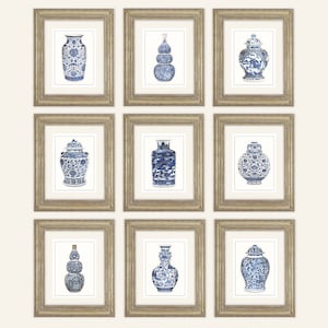 Set di 9 stampe artistiche di vasi di zenzero blu e bianchi e di porcellane asiatiche su carta per acquerello d'archivio