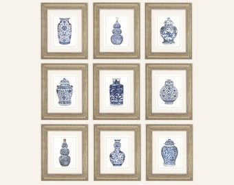 Blue & White Ginger Jar Prints: Asian Porcelain Art, Set of 9