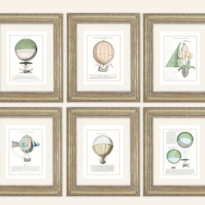 Set of 6 Antique French Hot Air Balloon Archival Quality Prints on Watercolor Paper