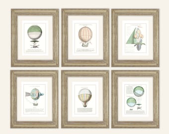 Set of 6 Antique French Hot Air Balloon Archival Quality Prints on Watercolor Paper