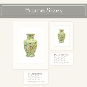 May include: Framed prints of a decorative vase. The image shows two framed prints of a vase with a green and yellow background and colorful details. The larger print is 13" x 19" with a 12" x 18" image area. The smaller print is 8" x 10".