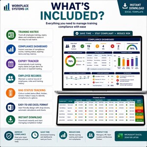 Puede incluir: Una plantilla digital de Excel para la gestión del cumplimiento de la formación laboral. El gráfico muestra un panel de control y una matriz de formación en pantallas de ordenador, con gráficos, indicadores de estado y listas de empleados.