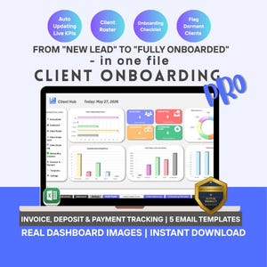 May include: A laptop screen displays a client onboarding dashboard with charts and data visualizations. The screen shows the text "Client Onboarding Pro" and includes the phrases "Auto Updating Live KPIs" and "Invoice, Deposit & Payment Tracking". The background is blue.