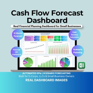 May include: A laptop screen displaying a "Cash Flow Forecast Dashboard" with charts and graphs. The dashboard includes sections for 12-month forecast, financial KPI, cash runway calculator, and scenario planning. Text on the screen reads "Real Financial Planning Dashboard for Small Businesses."