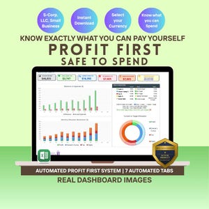 May include: A laptop screen displays financial data visualizations, including bar graphs and a pie chart, with the text "PROFIT FIRST SAFE TO SPEND." Additional text includes "AUTOMATED PROFIT FIRST SYSTEM | 7 AUTOMATED TABS." The background is light green.