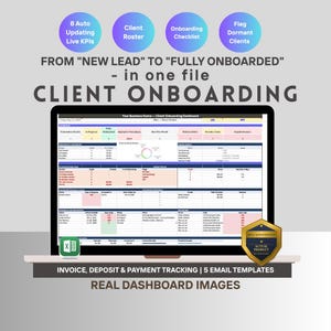 Könnte beinhalten: Ein Laptop zeigt ein Client-Onboarding-Dashboard mit Datentabellen und Diagrammen. Der Bildschirm zeigt den Text "Client Onboarding" und "From New Lead to Fully Onboarded". Zusätzlicher Text umfasst "Invoice, Deposit & Payment Tracking" und "Real Dashboard Images".