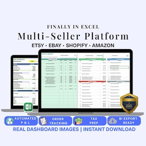 Könnte beinhalten: Eine digitale Tabellenkalkulationsvorlage für eine Multi-Seller-Plattform, kompatibel mit Etsy, eBay, Shopify und Amazon. Die Anzeige zeigt ein P&L-Dashboard und Produkt-Insights mit Spalten für Umsatz und Einheiten. Enthält automatisierte P&L.