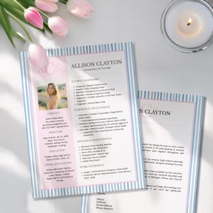 May include: A resume with a pink and blue striped border, featuring the name "Allison Clayton" and details about her education, clubs, and work experience. The resume includes a photo and contact information.