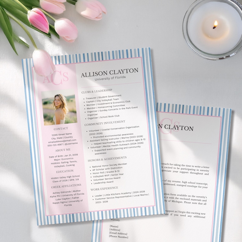 May include: A resume with a pink and blue striped border, featuring the name "Allison Clayton" and details about her education, clubs, and work experience. The resume includes a photo and contact information.