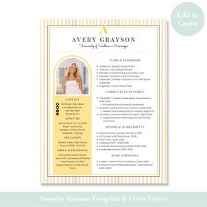 May include: A resume template featuring a yellow and white striped border, a central photo placeholder with an arched frame, and sections for contact information, education, clubs, leadership, community involvement, honors, and work experience.