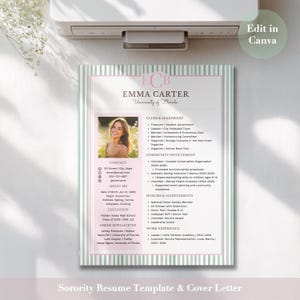 May include: A resume template featuring a light green and white vertical striped border with a pink central panel. It includes a placeholder photo of a person, sections for contact information, education, clubs, leadership, and honors, with the name Emma Carter.