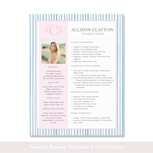 May include: A sorority resume template and cover letter with a light pink and blue striped border. The resume includes a photo, contact information, education, and work experience. The document is designed for a sorority member.