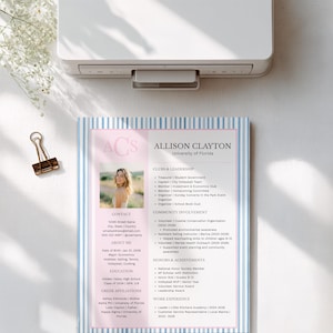 May include: A resume with a photo of Allison Clayton, University of Florida. The resume includes sections for clubs, leadership, community involvement, honors, achievements, and work experience. The design features a pink and blue color scheme.