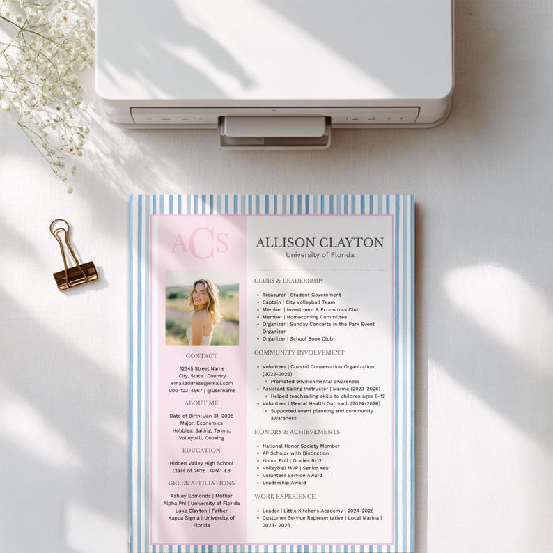 May include: A resume with a photo of Allison Clayton, University of Florida. The resume includes sections for clubs, leadership, community involvement, honors, achievements, and work experience. The design features a pink and blue color scheme.