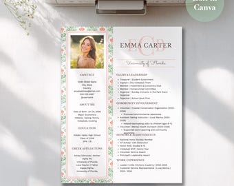 Sorority Resume Template with Photo, Editable Resume and Cover Letter for Sorority Recruitment, Rush Resume Template, Floral monogram