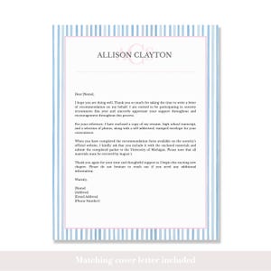 May include: A letterhead with the name "ALLISON CLAYTON" in a serif font, with a light pink monogram. The letter has a light blue and pink striped border. The text is black and includes a request for a letter of recommendation.