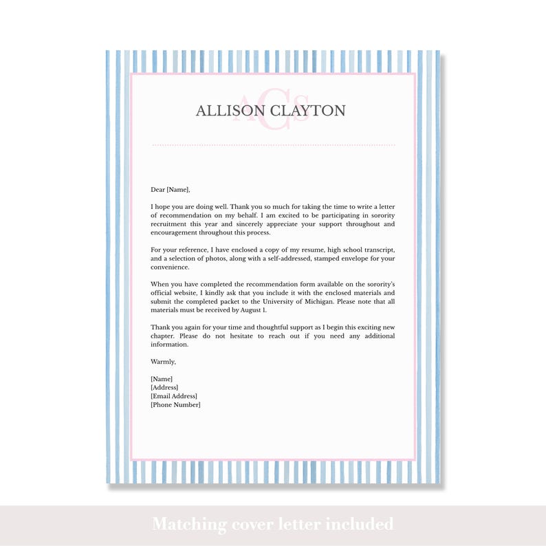May include: A letterhead with the name "ALLISON CLAYTON" in a serif font, with a light pink monogram. The letter has a light blue and pink striped border. The text is black and includes a request for a letter of recommendation.