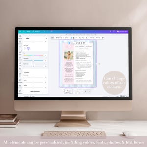 May include: A computer monitor displays a resume template with a photo and text. The resume has a pink and blue striped border. Text on the screen reads "ALLISON CLAYTON". The screen also displays editing tools. Text at the bottom says "All elements can be personalized."