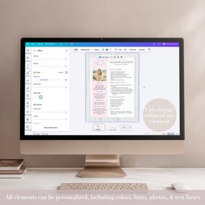 Op de afbeelding: Een computermonitor toont een cv-sjabloon met een foto en tekst. Het cv is omlijst met roze en groene strepen. Op het scherm staat "Allison Clayton" en "Kan de kleuren van elk element wijzigen."