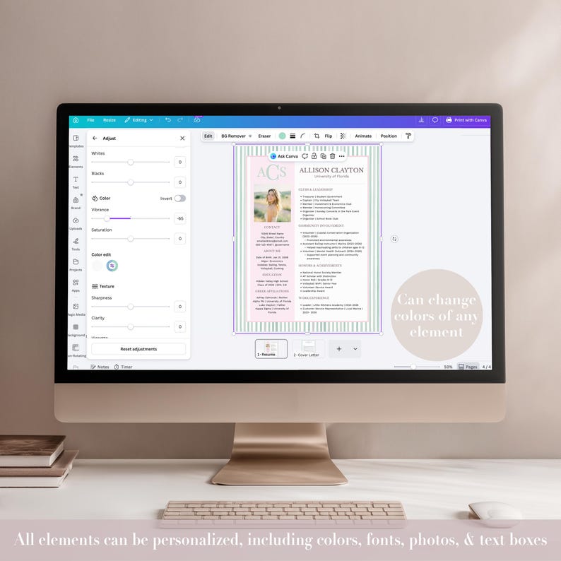 Op de afbeelding: Een computermonitor toont een cv-sjabloon met een foto en tekst. Het cv is omlijst met roze en groene strepen. Op het scherm staat "Allison Clayton" en "Kan de kleuren van elk element wijzigen."