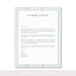 Op de afbeelding: Briefhoofd met de naam "ALLISON CLAYTON" in een schreefletter. De brief heeft een roze en groene gestreepte rand. De tekst bevat een verzoek om een aanbevelingsbrief en contactgegevens.