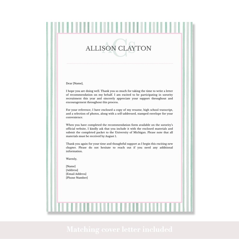 Op de afbeelding: Briefhoofd met de naam "ALLISON CLAYTON" in een schreefletter. De brief heeft een roze en groene gestreepte rand. De tekst bevat een verzoek om een aanbevelingsbrief en contactgegevens.